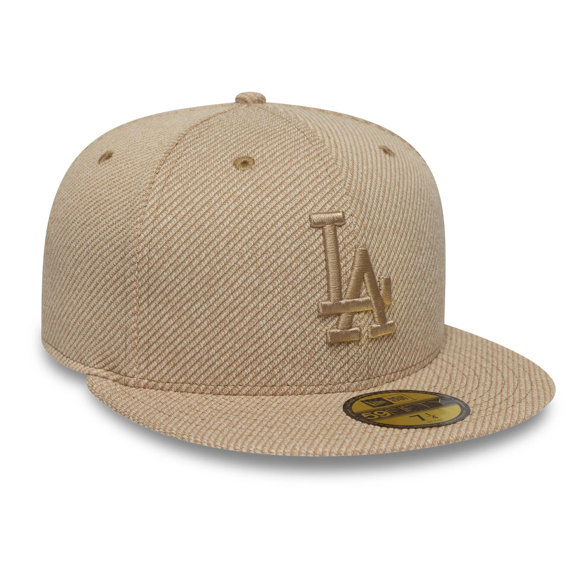 LA Dodgers MLB Heather Tan New Era 59FIFTY Fitted Cap, front view showing the raised tan LA logo embroidered on the structured crown, tan visor with a gold 59FIFTY size sticker on top, and tan top button and eyelets.