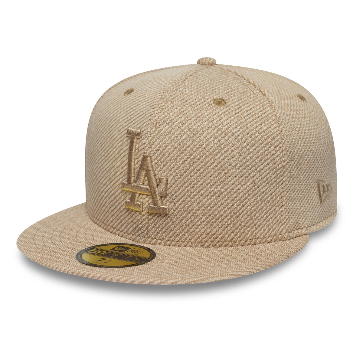 LA Dodgers MLB Heather Tan New Era 59FIFTY Fitted Cap, three-quarter view showing the raised tan embroidered LA logo on the front panel, a matching tan visor with a gold 59FIFTY size sticker, and the New Era flag logo on the left side.