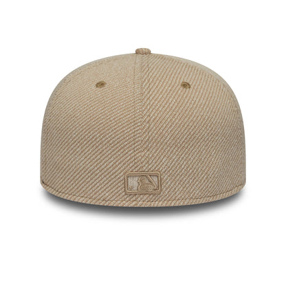 LA Dodgers MLB Heather Tan New Era 59FIFTY Fitted Cap, rear view showing the tan embroidered MLB Batterman logo at the centre of the back panels, with a textured heather tan finish and matching eyelets and top button.