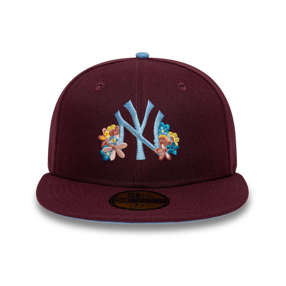 Pictured is this  MLB Floral New York Yankees 59FIFTY Fitted cap in dark purple. 3