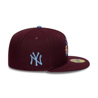 Pictured is this  MLB Floral New York Yankees 59FIFTY Fitted cap in dark purple. 5