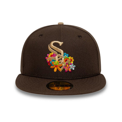 Pictured is this  MLB Floral Chicago White Sox 59FIFTY Fitted cap in dark brown. 3