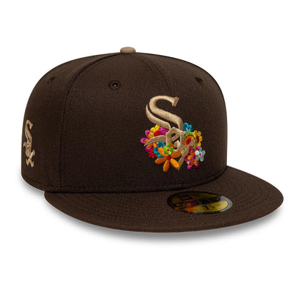 Pictured is this  MLB Floral Chicago White Sox 59FIFTY Fitted cap in dark brown. 1