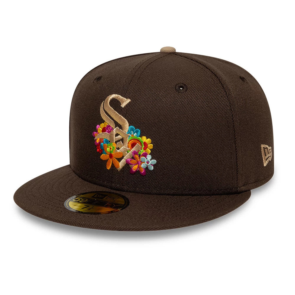 Pictured is this  MLB Floral Chicago White Sox 59FIFTY Fitted cap in dark brown. 4