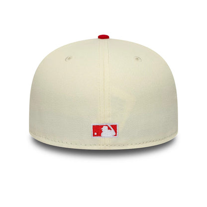 Pictured is this MLB Chrome Scarlet New York Yankees 59FIFTY Fitted cap in cream. 4