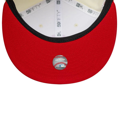 Pictured is this MLB Chrome Scarlet New York Yankees 59FIFTY Fitted cap in cream. 7