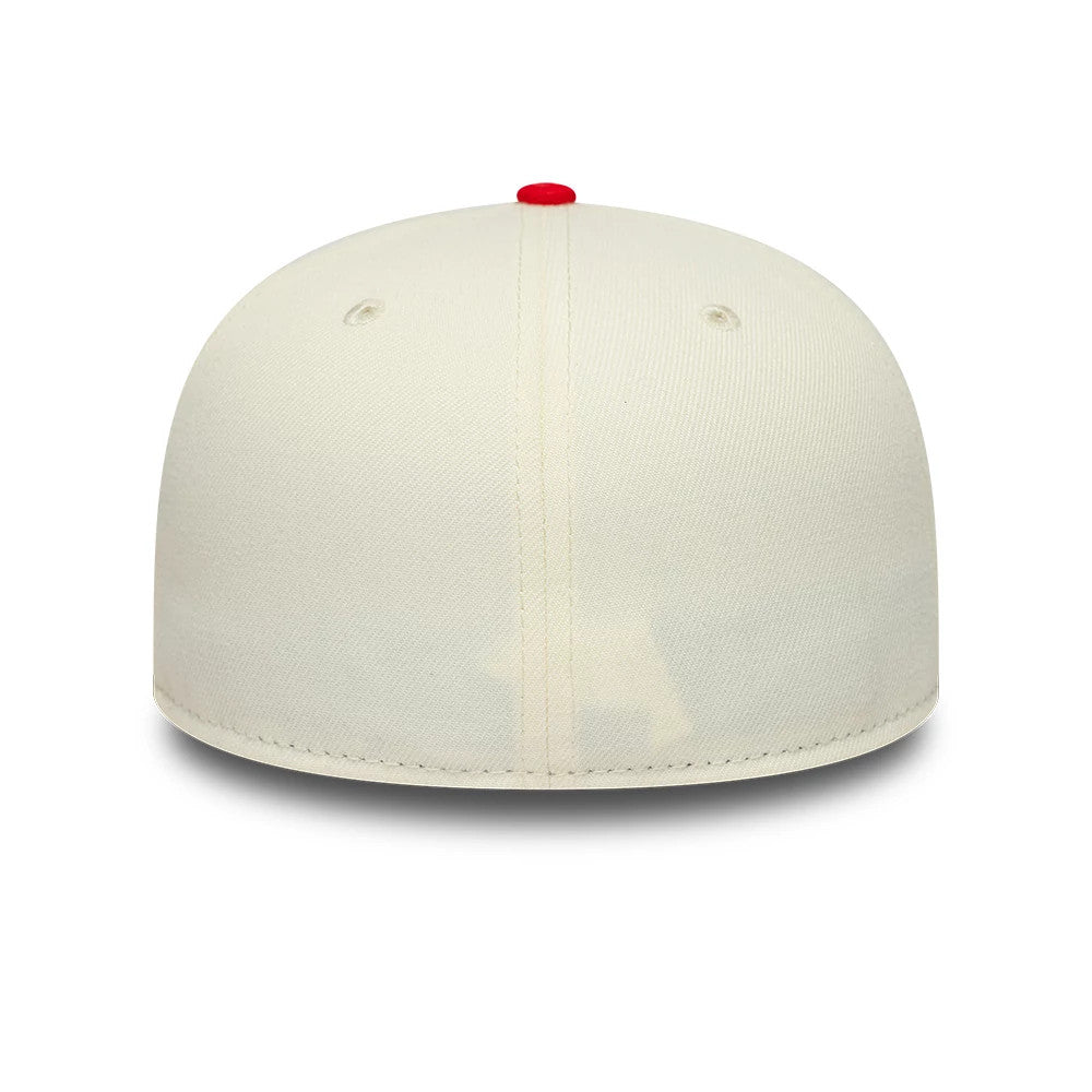 TGR Haas F1 Cream & Red New Era 59FIFTY Fitted Cap, rear view showing a clean cream-coloured crown with a high profile, featuring two embroidered eyelets and a red top button for a colour contrast.