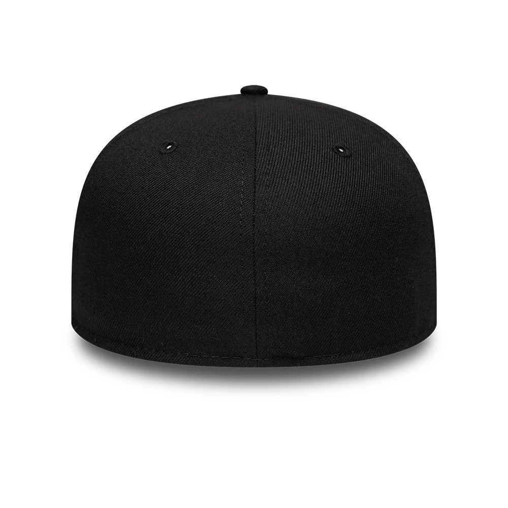 Alpine Racing Black New Era 59FIFTY Fitted Cap, rear view showing a plain black structured crown with a small black top button and two embroidered black eyelets, with no logos or additional details on the back panels.