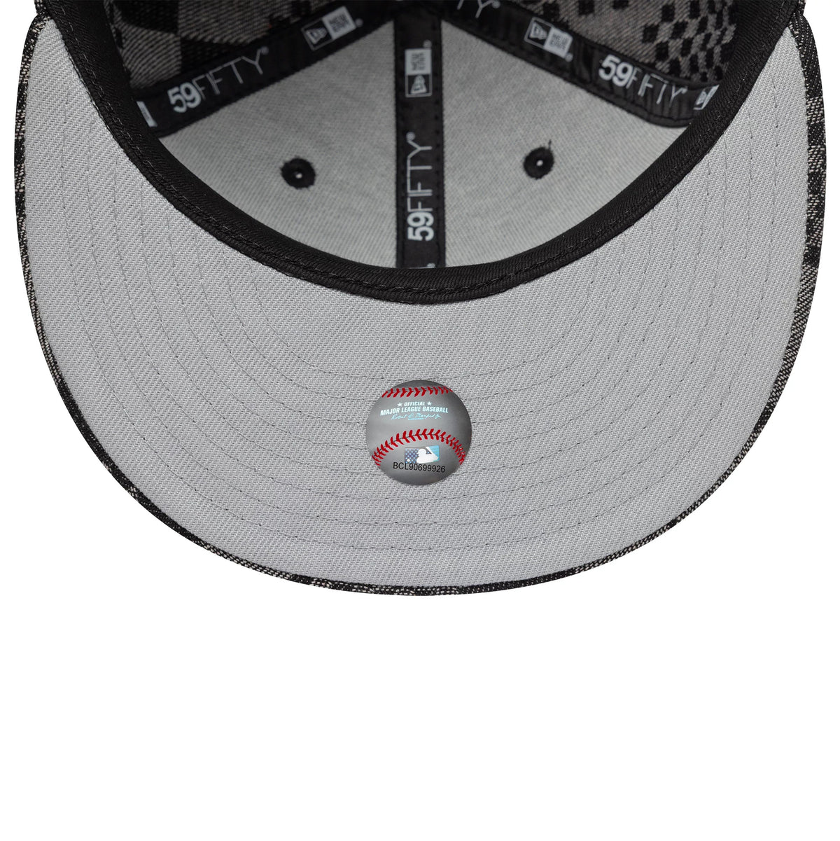 LA Dodgers MLB Denim Black New Era 59FIFTY Fitted Cap, inside view showing a grey undervisor, black inner taping with 59FIFTY branding, and a grey sweatband with a baseball graphic sticker in the centre.