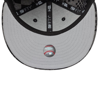 LA Dodgers MLB Denim Black New Era 59FIFTY Fitted Cap, inside view showing a grey undervisor, black inner taping with 59FIFTY branding, and a grey sweatband with a baseball graphic sticker in the centre.