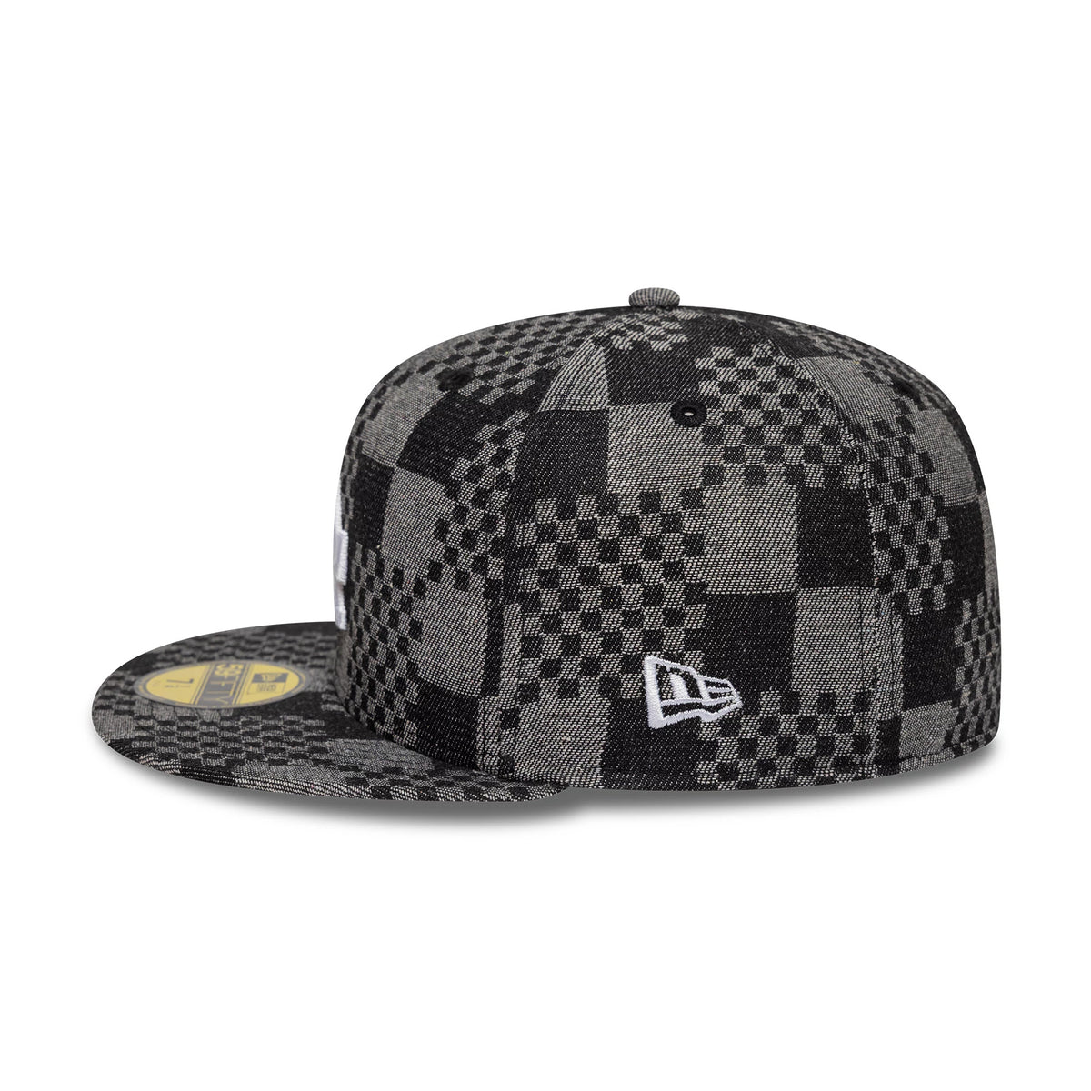 LA Dodgers MLB Denim Black New Era 59FIFTY Fitted Cap, side view showing the New Era flag logo embroidered in white on the left side, with a textured black and grey check pattern across the crown and visor.
