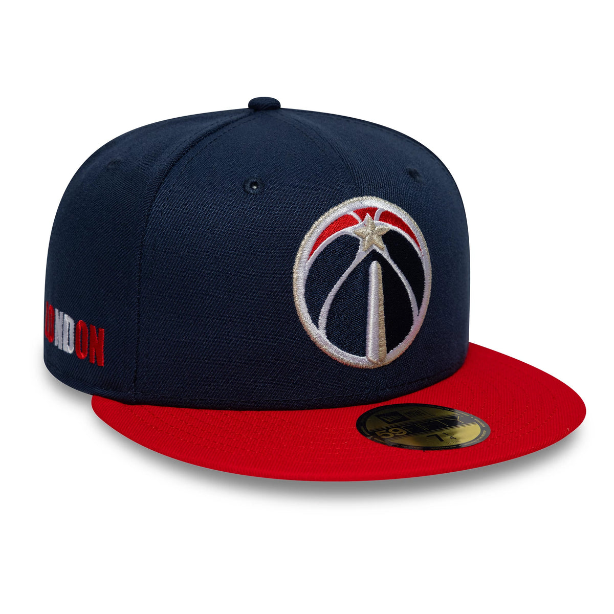 Pictured is this NBA Global Games 2026 London Washington Wizards 59FIFTY Fitted cap in dark blue and red. 1