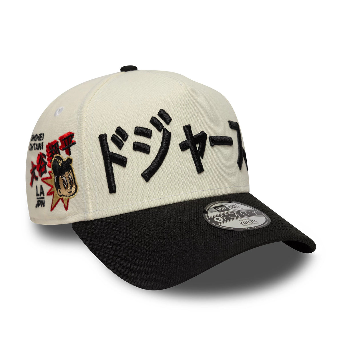 Pictured is this Youth MLB Kanji LA Dodgers 9FORTY A-Frame cap in white and black. 1