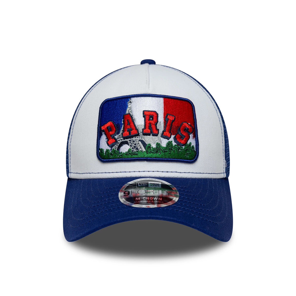 Pictured is this New Era Paris 9FORTY M-Crown A-Frame Trucker cap in white & blue. 2