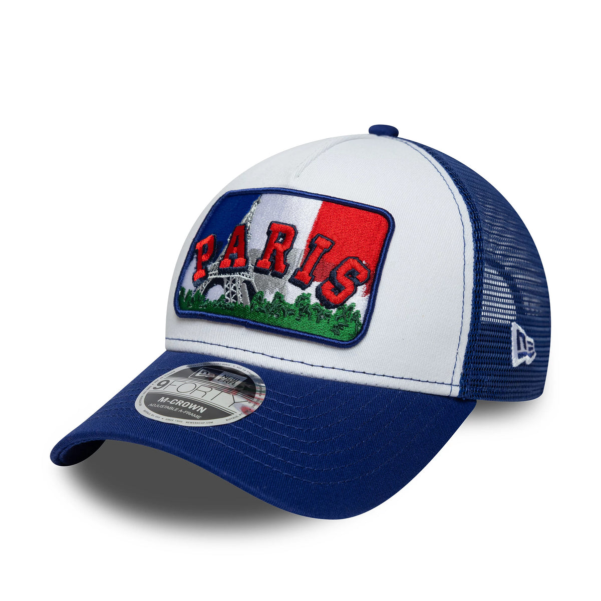 Pictured is this New Era Paris 9FORTY M-Crown A-Frame Trucker cap in white & blue. 1