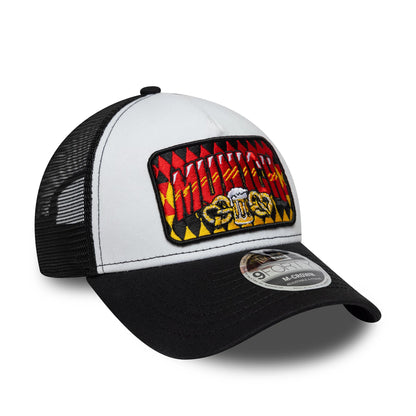 Pictured is this New Era Munich 9FORTY M-Crown A-Frame Trucker cap in white & black. 3