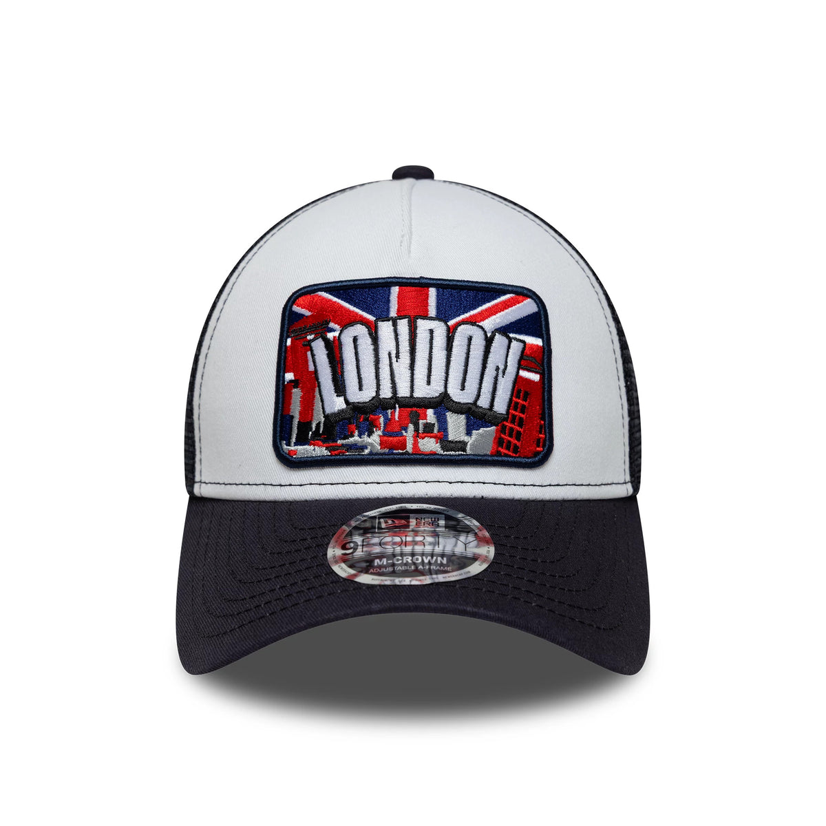 Pictured is this New Era London 9FORTY M-Crown A-Frame Trucker cap in white & navy. 2