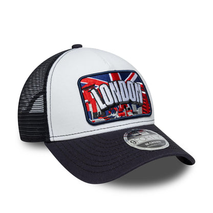 Pictured is this New Era London 9FORTY M-Crown A-Frame Trucker cap in white & navy. 3