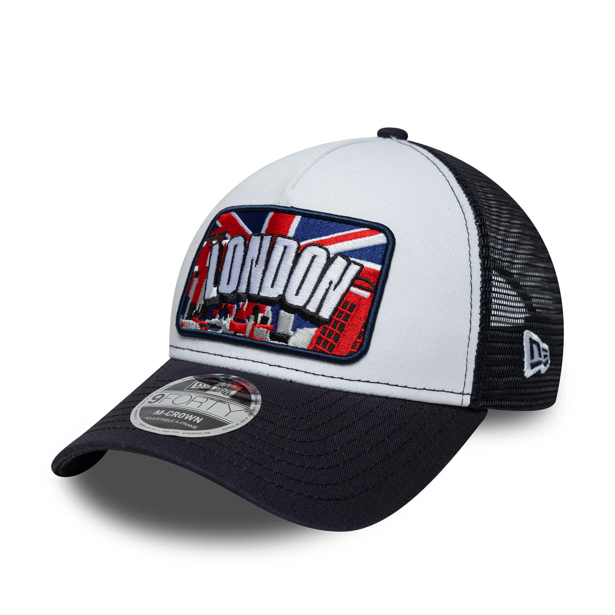 Pictured is this New Era London 9FORTY M-Crown A-Frame Trucker cap in white & navy. 1