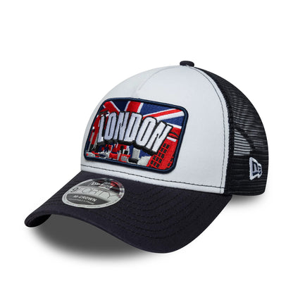 Pictured is this New Era London 9FORTY M-Crown A-Frame Trucker cap in white & navy. 1