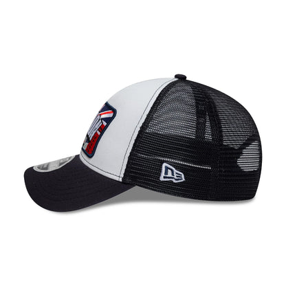 Pictured is this New Era London 9FORTY M-Crown A-Frame Trucker cap in white & navy. 4