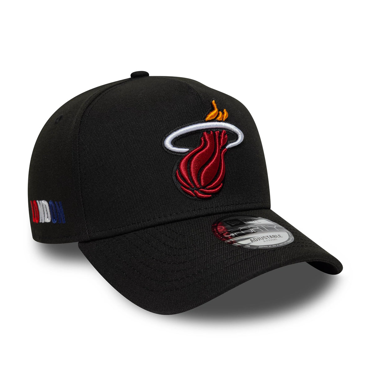 Pictured is this NBA Global Games 2026 London Miami Heat 9FORTY A-Frame cap in black. 1