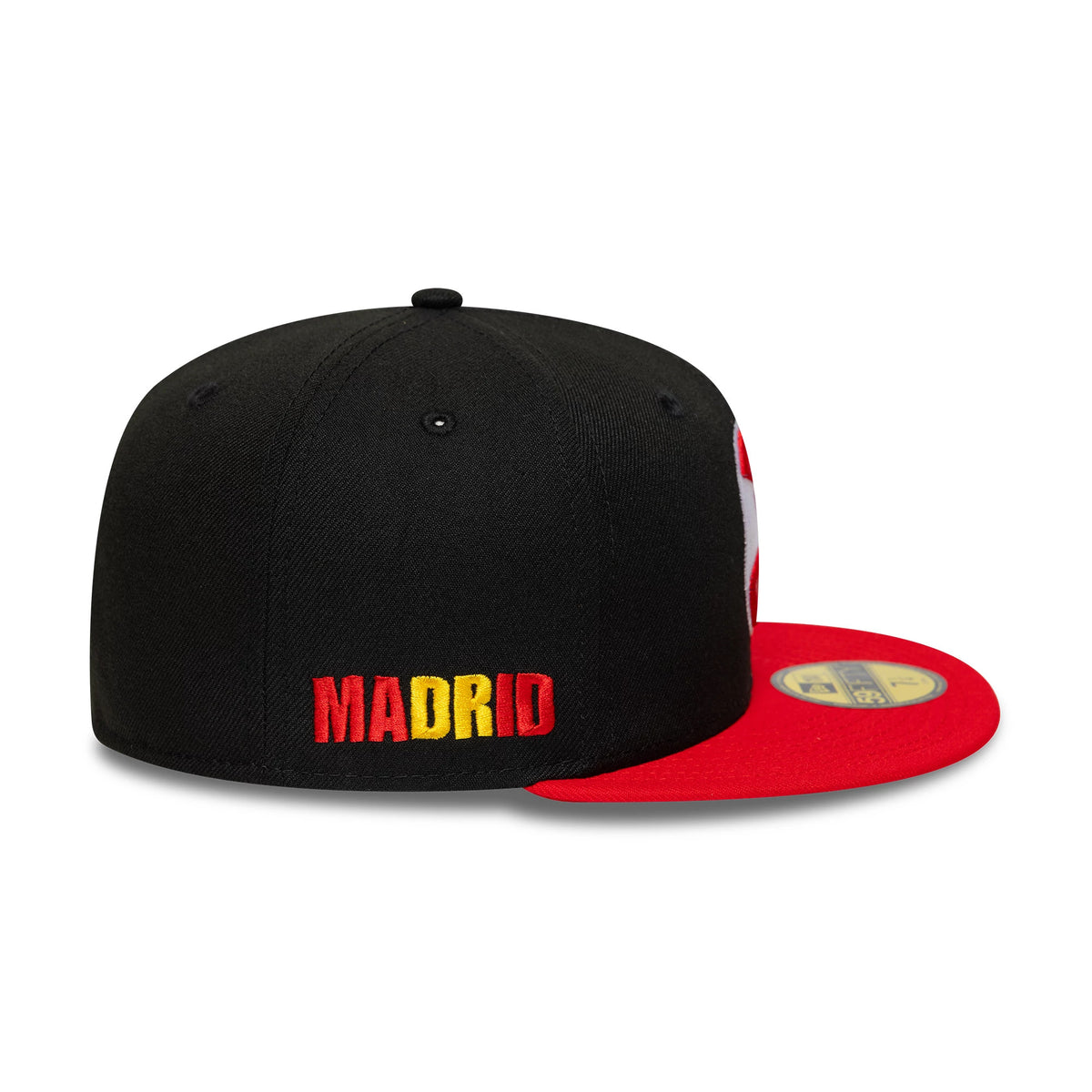 Pictured is this NBA Global Games 2026 Madrid Atlanta Hawks 59FIFTY Fitted cap in black and red. 4