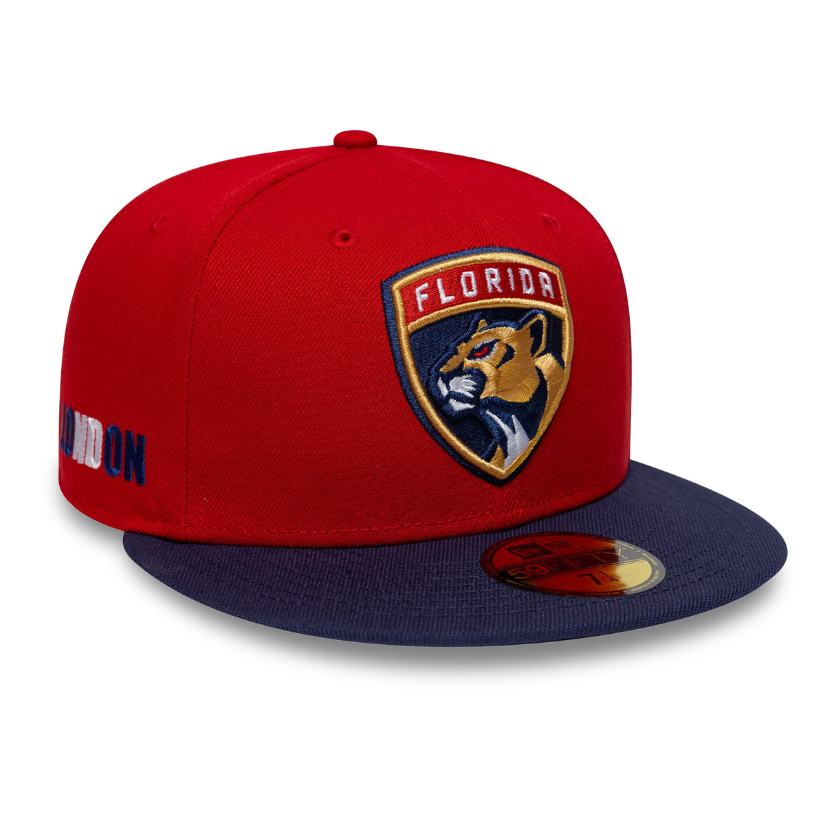 Pictured is this NHL London Game 2026 Florida Panthers 59FIFTY Fitted cap in red and navy. 1