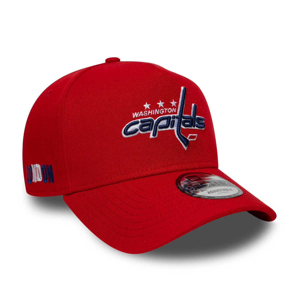 Pictured is this NHL London Game 2026 Washington Capitals 9FORTY A-Frame cap in red. 1