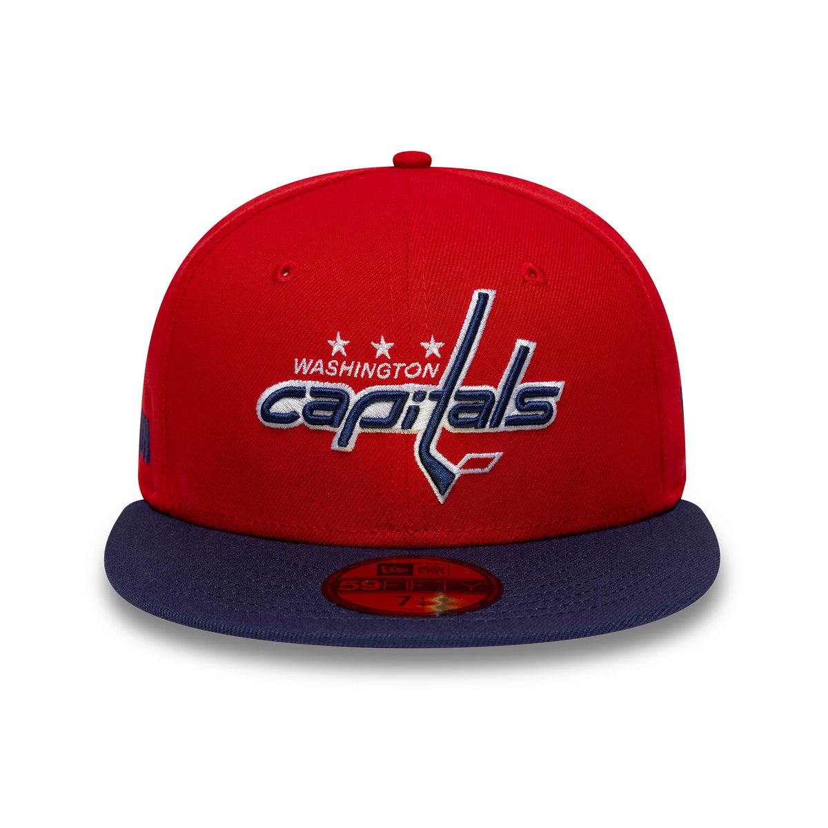 Pictured is this NHL London Game 2026 Washington Capitals 59FIFTY Fitted cap in red and navy. 2