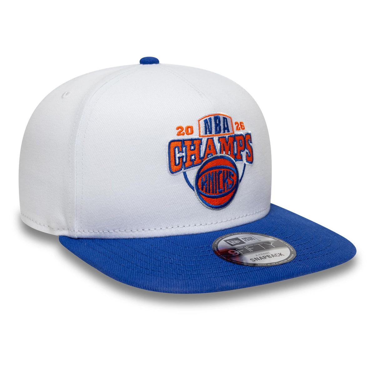 Pictured is this NBA Champs 2025 - 2026 New York Knicks 9FIFTY A-Frame Snapback cap in white and blue. 4