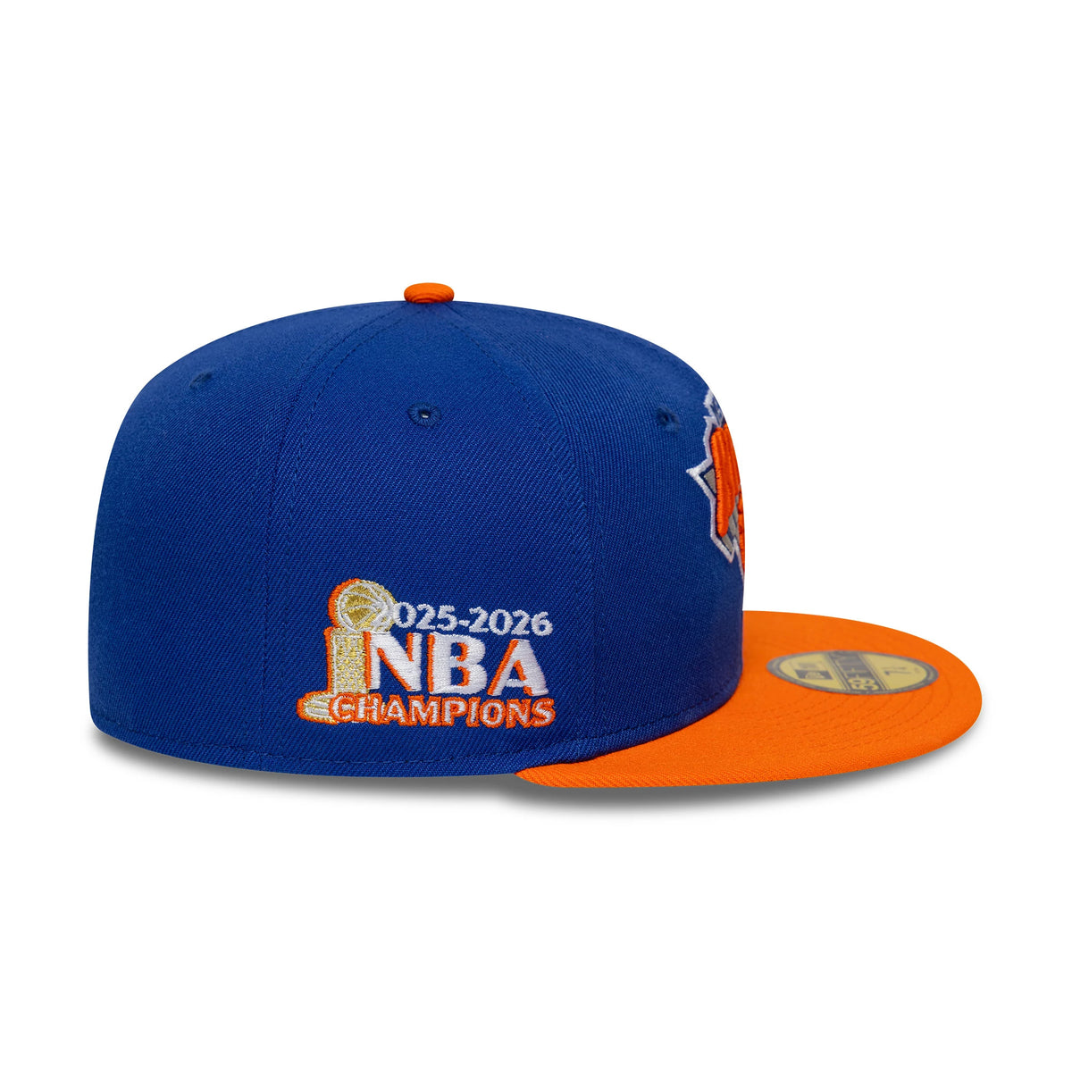 Pictured is this NBA Champs 2025 - 2026 New York Knicks 59FIFTY Fitted cap in blue and orange. 5