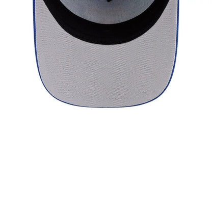 New York Knicks NBA Champs 2025 - 2026 Blue New Era 9FORTY A-Frame Adjustable Cap, inside view showing a grey undervisor with black edge taping, matching black sweatband and distinct blue stitching along the edge of the visor.