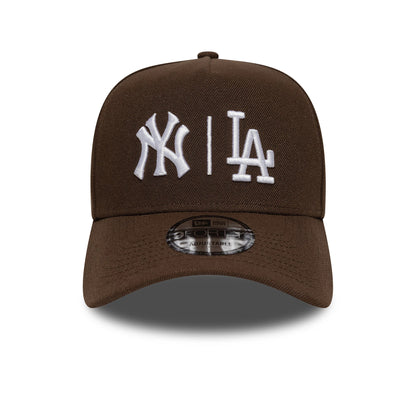 Pictured is this MLB Duelling Logos Yankees VS Dodgers 9FORTY A-Frame cap in dark brown. 2