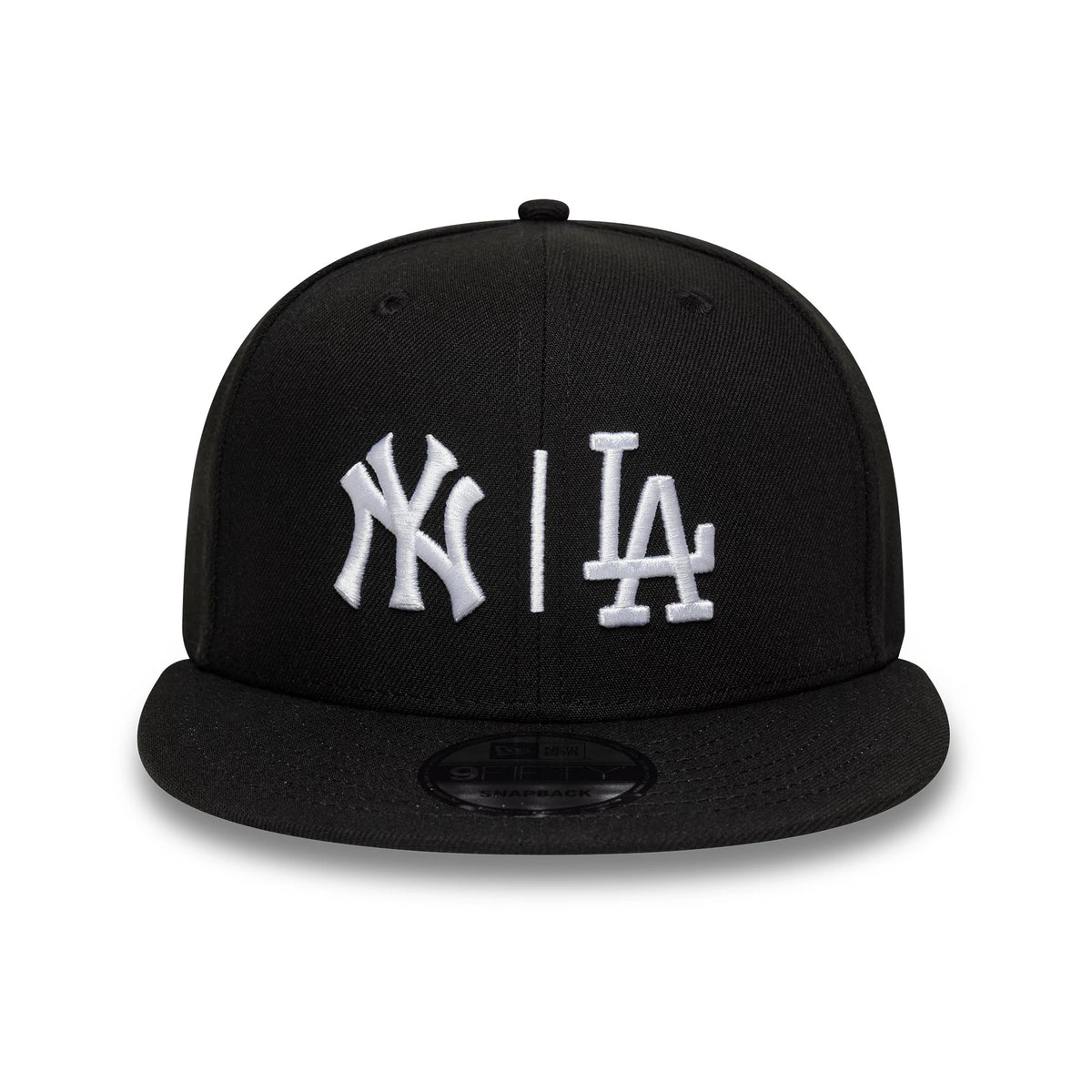 Pictured is this MLB Duelling Logos Yankees VS Dodgers 9FIFTY Snapback cap in black. 2