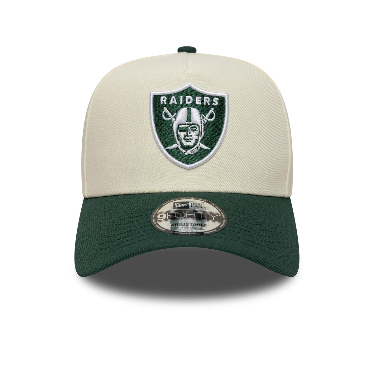Pictured is this NFL Las Vegas Raiders 9FORTY A-Frame cap in cream and dark green. 3