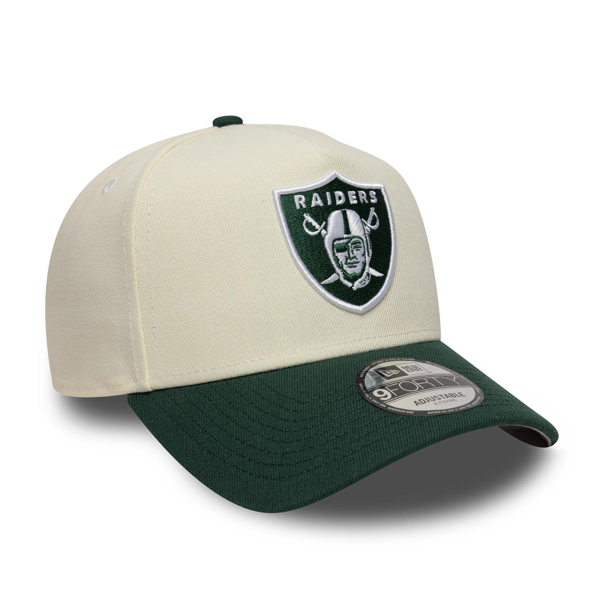 Pictured is this NFL Las Vegas Raiders 9FORTY A-Frame cap in cream and dark green. 4