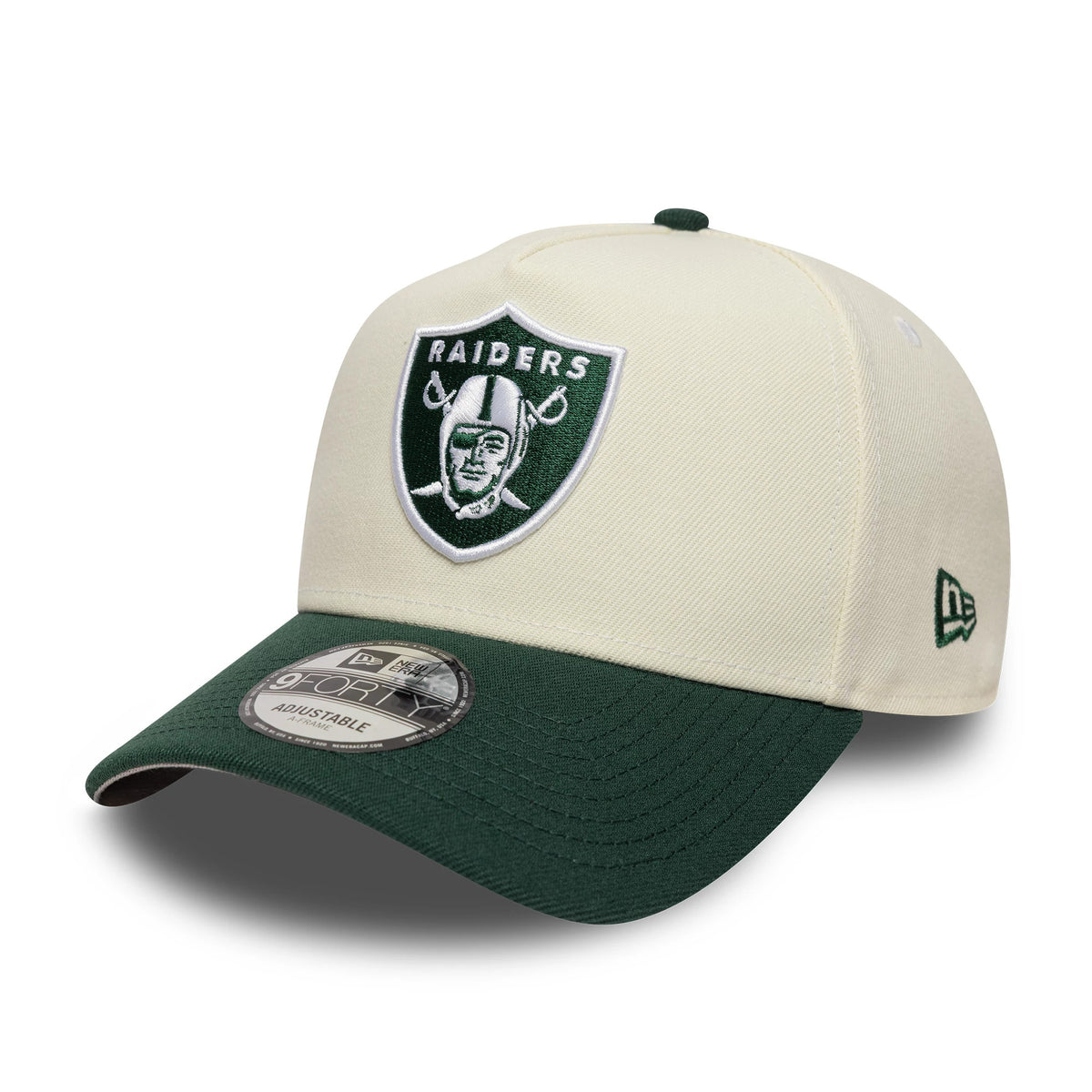 Pictured is this NFL Las Vegas Raiders 9FORTY A-Frame cap in cream and dark green. 1