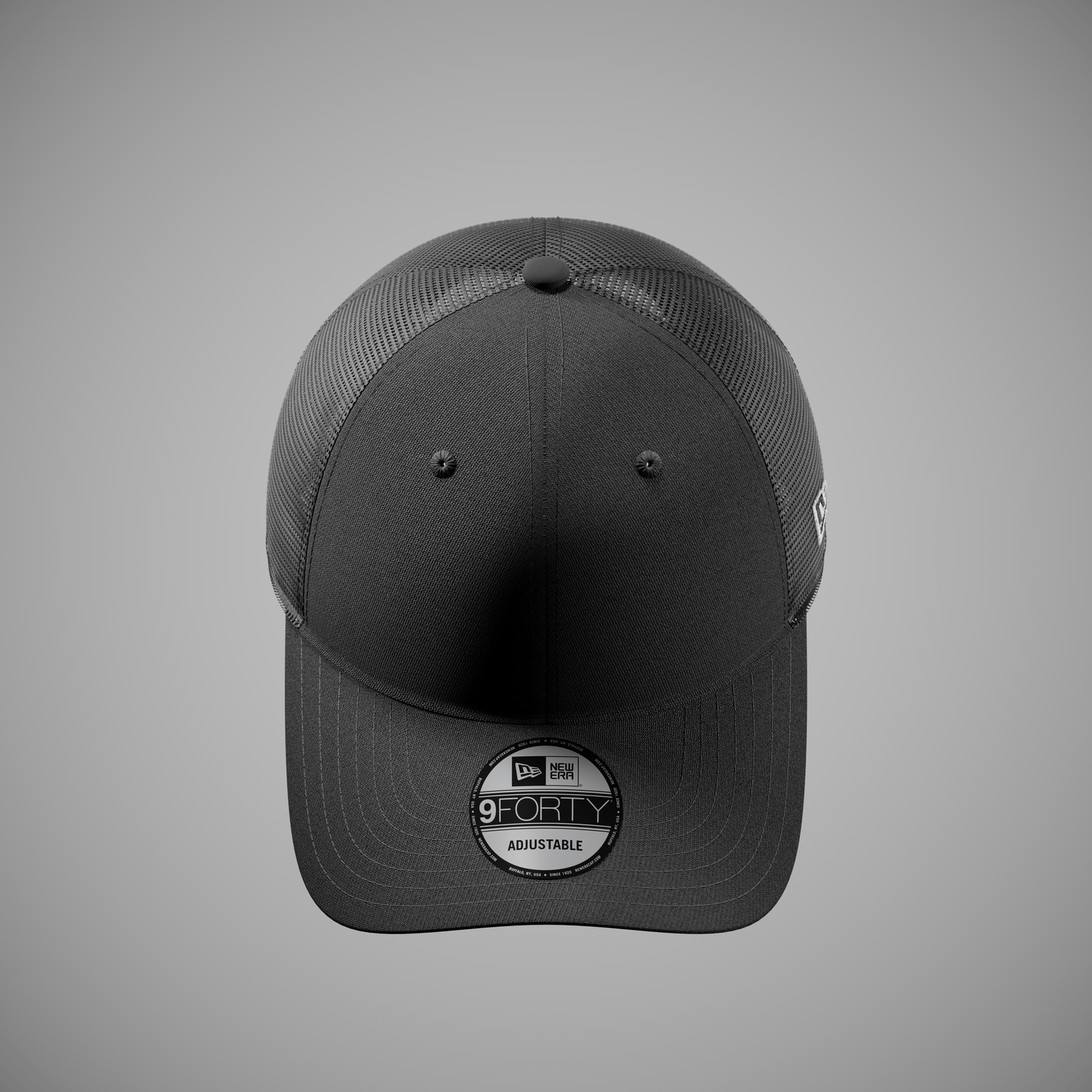 Black new era trucker cap on a grey background