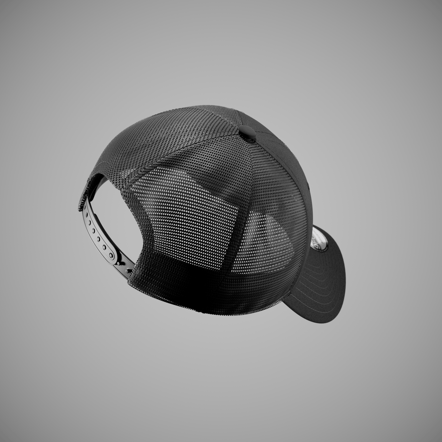 Black new era trucker cap on a grey background