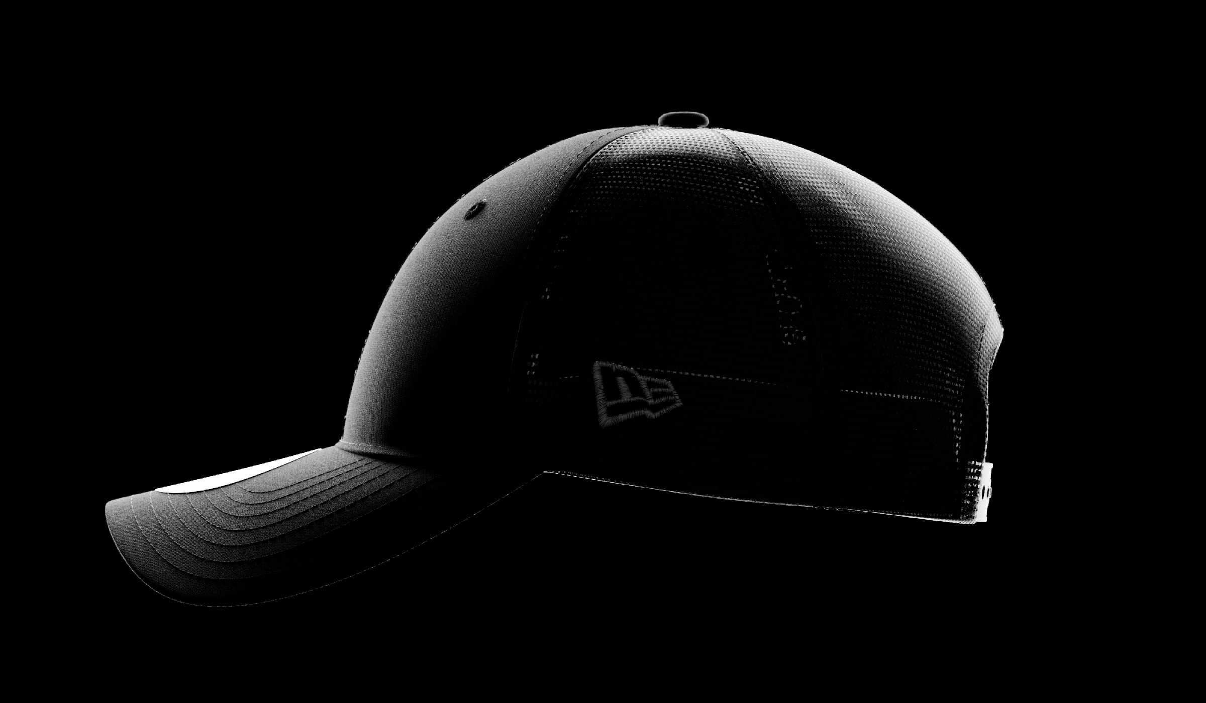 black new era forty trucker cap on a black background
