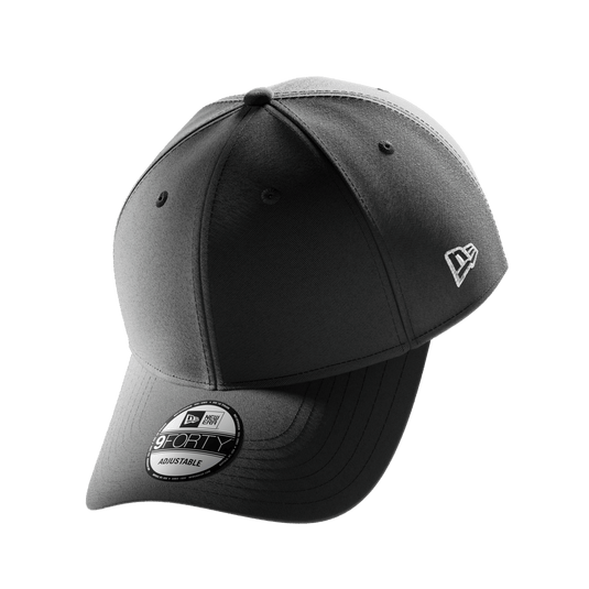 A black New Era 9FORTY cap with a white embroidered logo on the side and a circular black and white sticker on the brim, shown against a plain white background.