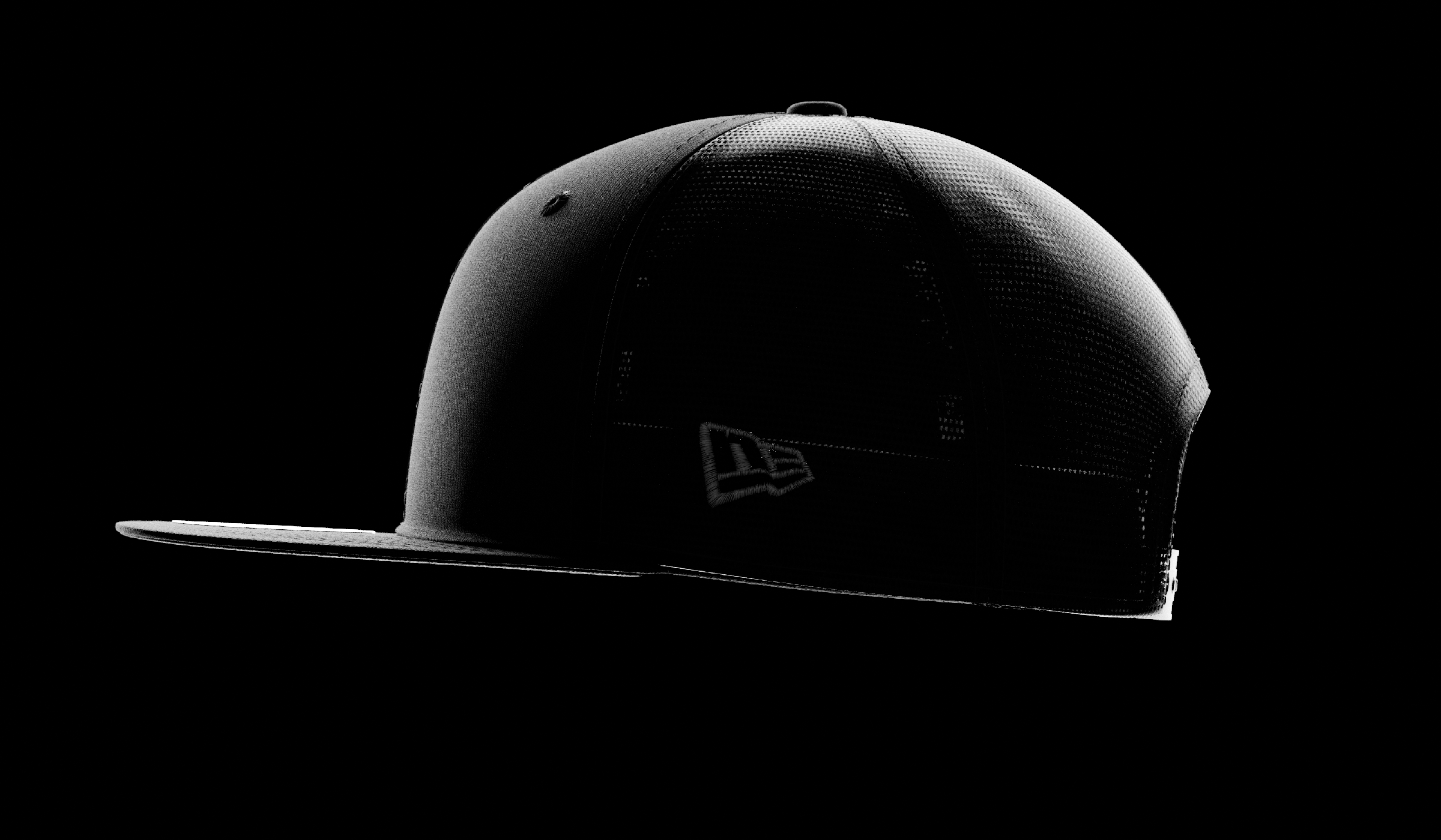 black new era 9FIFTY trucker cap on a black background