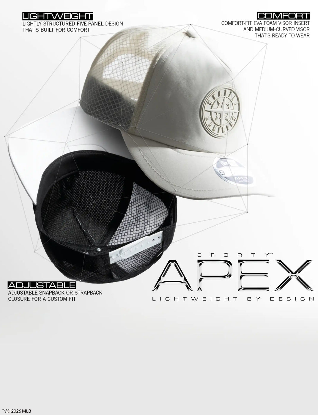 A promotional graphic showing two Apex trucker caps, one in light gray and one in black, with technical feature callouts and the text 'Forty Apex Lightweight by Design' on a white background.