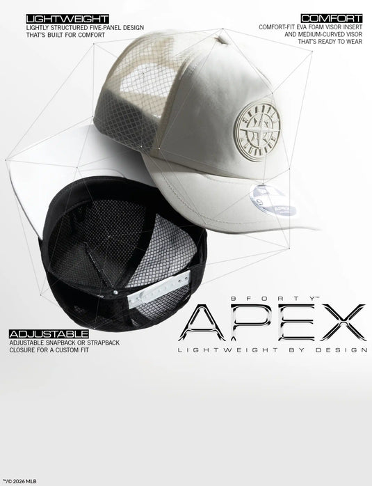 A promotional graphic showing two Apex trucker caps, one in light gray and one in black, with technical feature callouts and the text 'Forty Apex Lightweight by Design' on a white background.