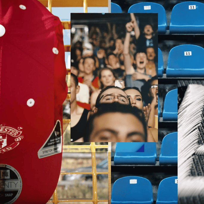 Collage of a red cap with a logo, a crowd of people in an arena, and blue seats.