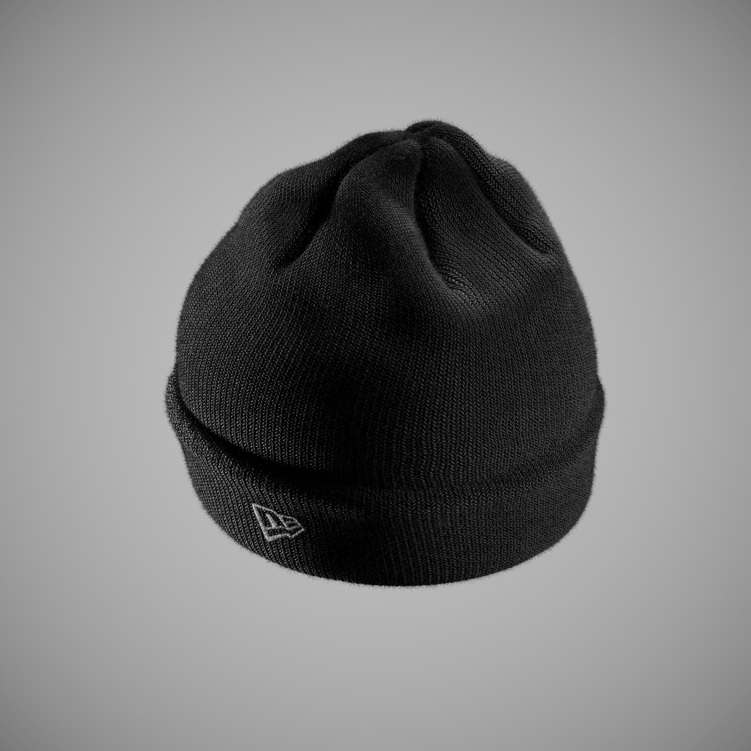 Black beanie with a new era logo on a gray background