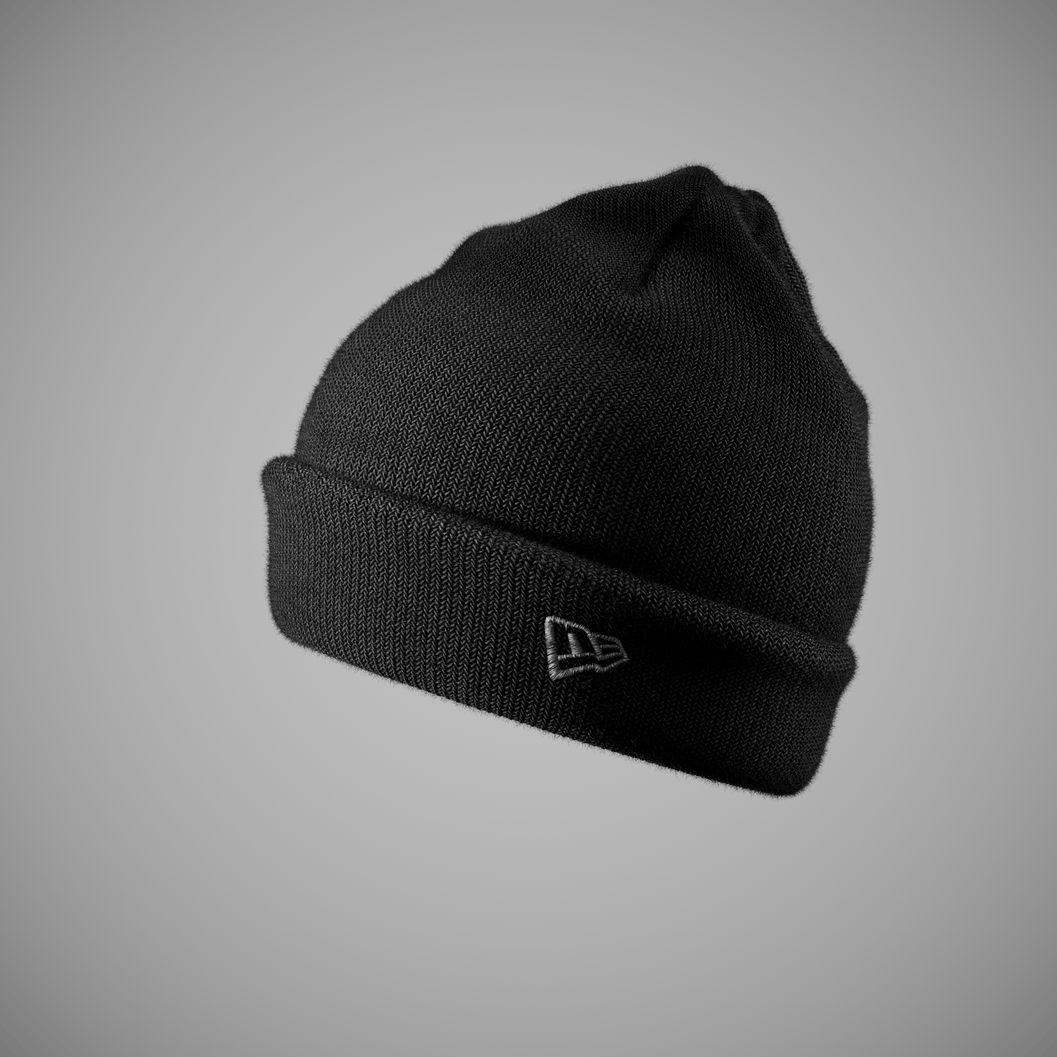 Black beanie with a new era logo on a gray background