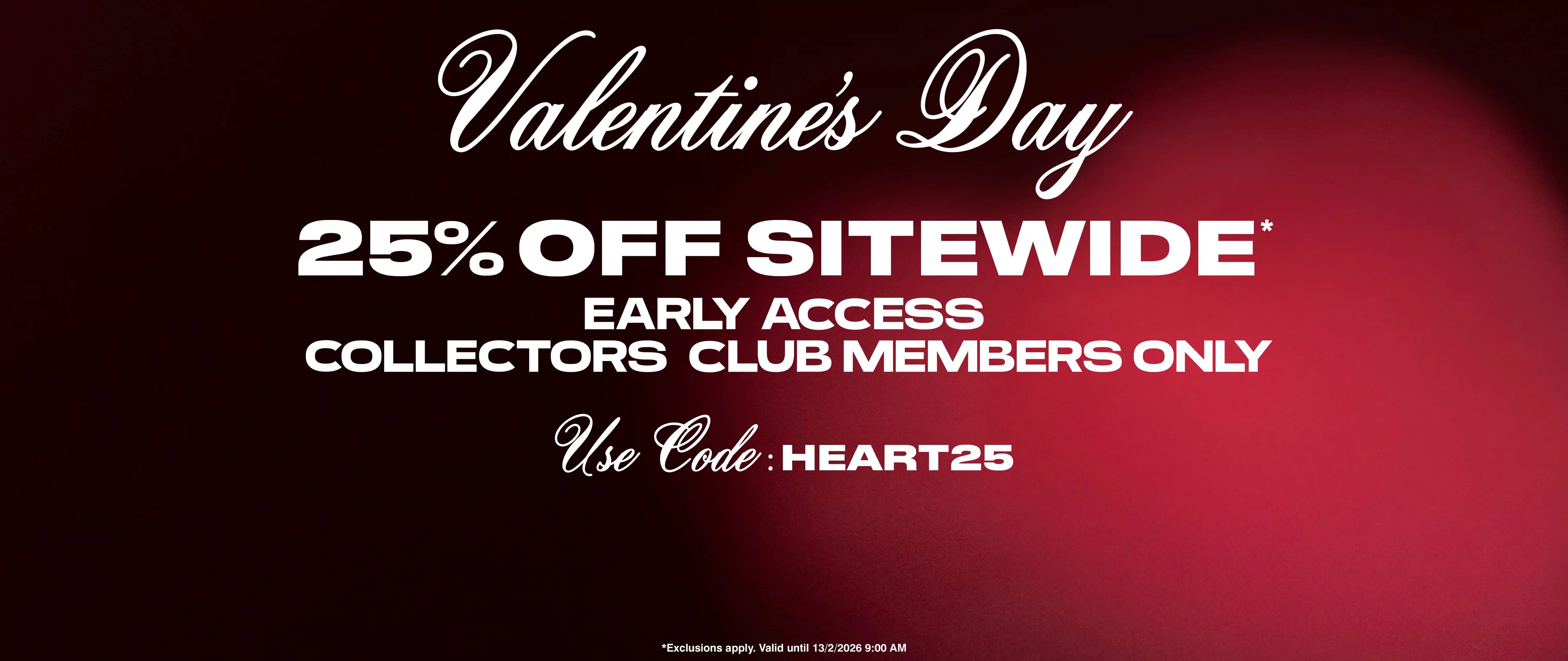 Valentine's Day sale banner with 25% off sitewide discount for collectors club members.