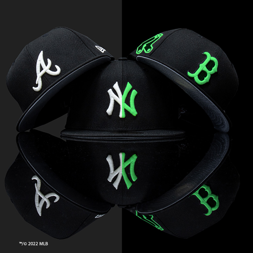 3 Black MLB 59fifty with glow in the dark logos